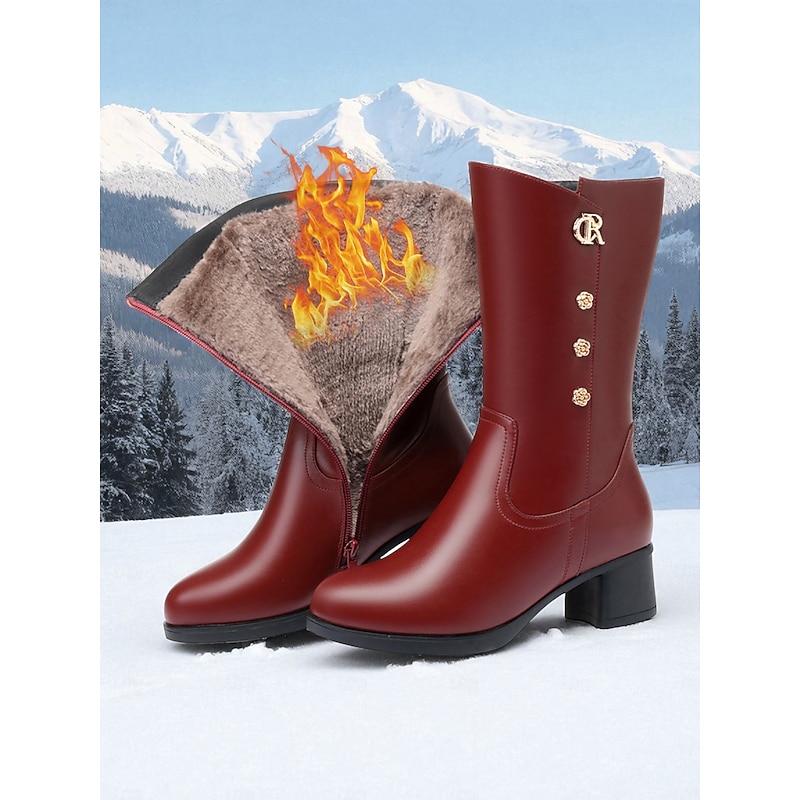 Women's Black Faux Leather Winter Boots with Warm Fur Lining, Mid-Calf Snow Boots with Block Heel, Non-Slip Cozy Fashion Footwear for Cold Weather, Outdoor Travel and Holiday Wear