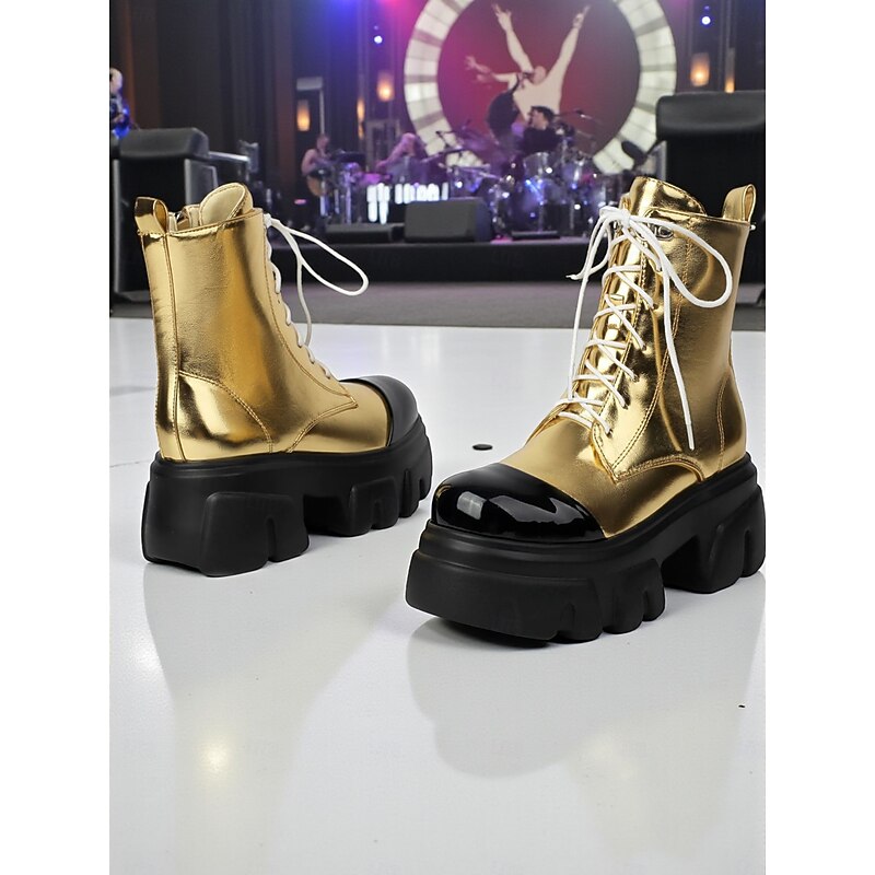Women's Gold Metallic 1980s Punk Platform Boots with Black Toe, K-Pop Idol Stage Performance Chunky Lace-Up Boots for Concerts, Dance Shows & Streetwear Fashion3