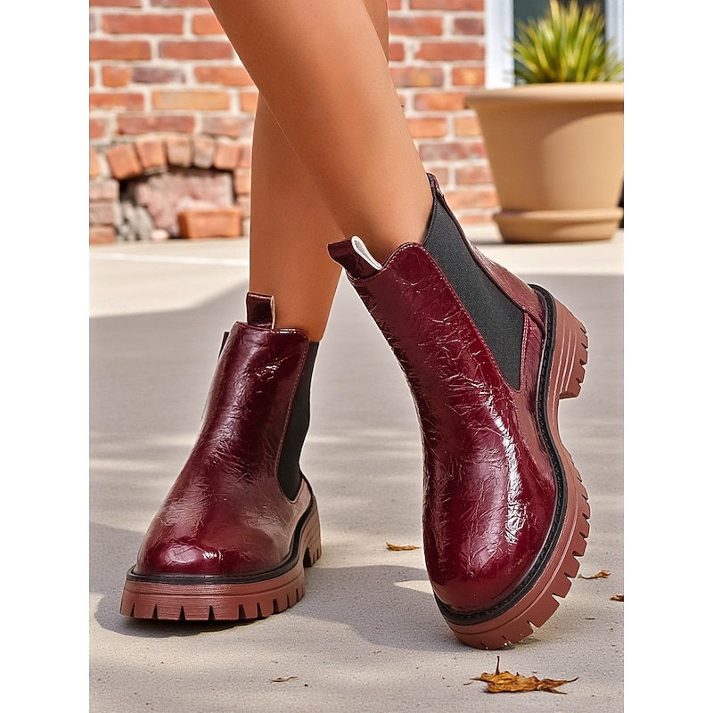 Women's Burgundy Faux Leather Chelsea Boots with Elastic Side Panels and Non-Slip Sole, Stylish Ankle Boots for Fall Winter Casual and Daily Wear3