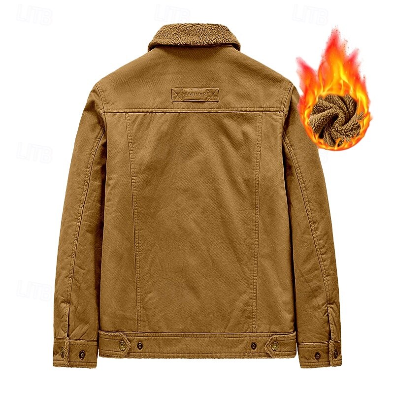 Men's Fleece Jacket Cargo Jacket Chore Jacket Formal Home Windbreaker Durable Pocket Fleece Collar Fall Winter Solid Color Active Vintage Collar Regular Navy Blue Dark Green Khaki Jacket3