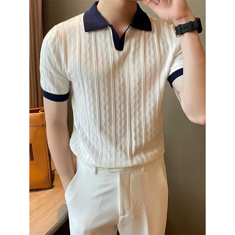 Men's Rib Knit Top Golf Polos Shirts Work Casual V Neck Seagull collar Short Sleeve Basic Modern Color Block Buttons Knitted Spring & Summer All Seasons Regular Fit White Burgundy Navy Blue Rib Knit3