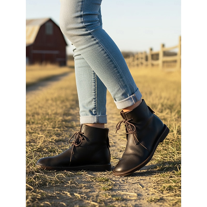 Women's Coffee Genuine Leather Lace-Up Ankle Boots, Vintage Casual Round Toe Flat Booties, Comfortable Fall & Winter Shoes for Daily Wear and Outdoor Outfits3