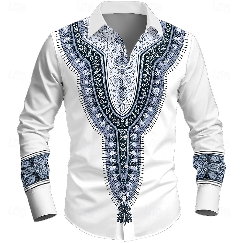 Men's Ethic / African Intricate Floral Flowers Shirt Button Up Shirt Long Sleeve Vintage Retro Holiday Casual Daily Spring Fall Turndown 3D Print Collared Shirts White blue Khaki / White2