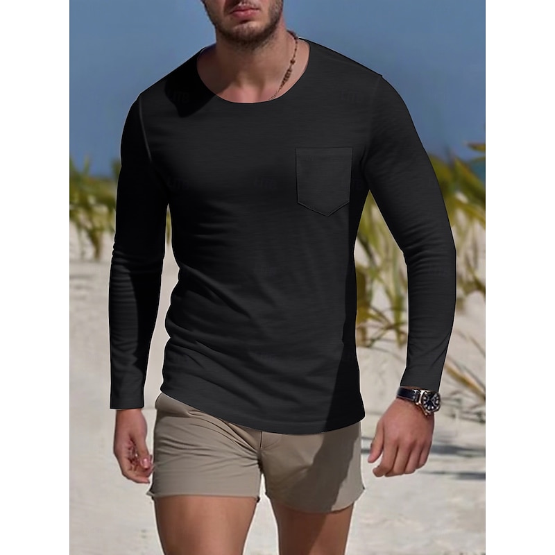 Men's Tee Cotton Blend T-Shirt Long Sleeve Solid Color Plain Fashion Designer Casual Color Block Buttons Crew Neck Outdoor Casual Daily All Seasons White Wine Navy Blue Henley T-Shirt3