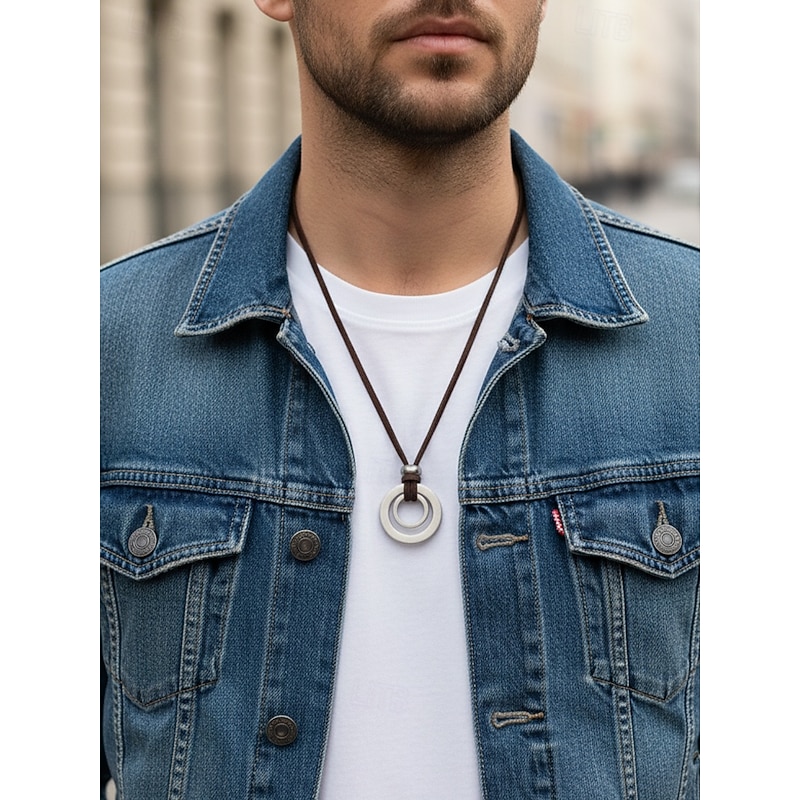 Men's Adjustable Leather Cord Necklace with Double Circle Pendant – Vintage Casual Jewelry for Everyday Wear and Outdoor Style2
