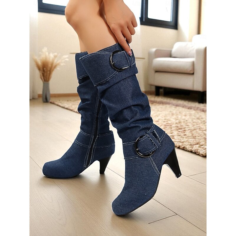 Women's Denim Slouch Knee High Boots with Buckle Straps and Cone Heels, Retro Casual Western Style Fashion Boots for Daily Wear & Street Outfits3