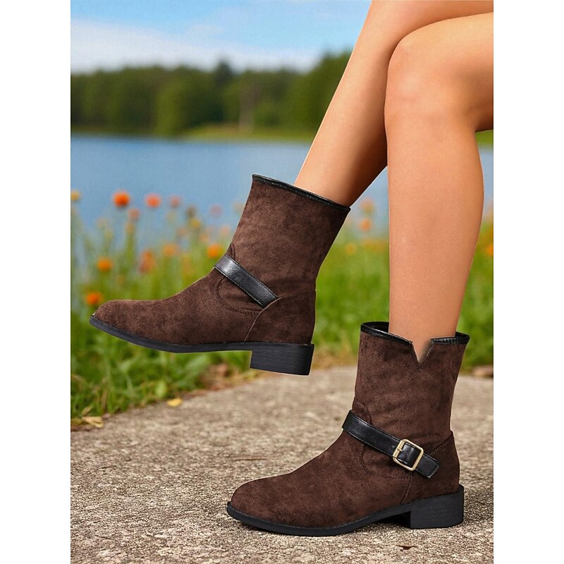 Women's Dark Brown Faux Suede Mid-Calf Boots with Black Buckle Straps, City Nomadic Style Outdoor Riding Boots for Fall Winter Casual Wear3