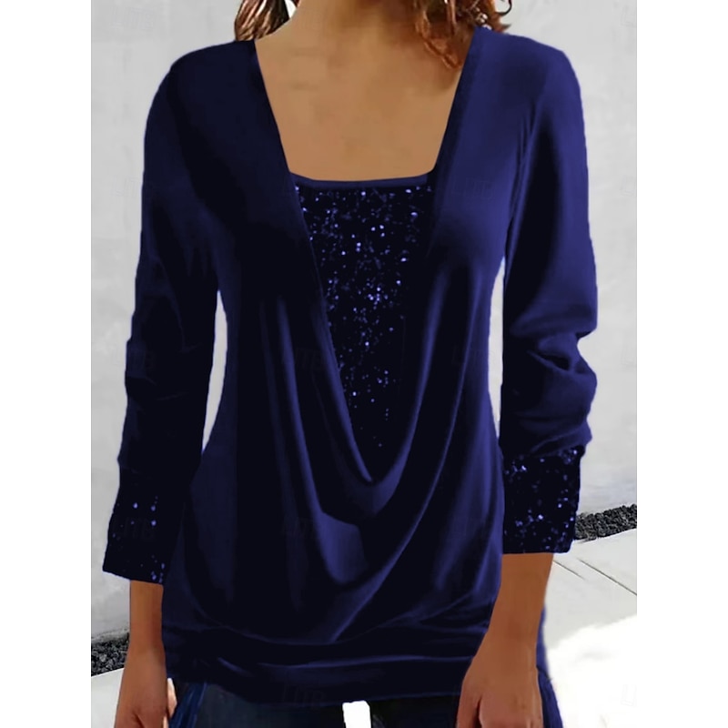 Women's Blouse Solid Color Elegant Stylish Basic Long Sleeve Crew Neck Regular Tops Daily Sequins Patchwork Black Navy Blue Royal Blue Purple Spring Fall Winter4