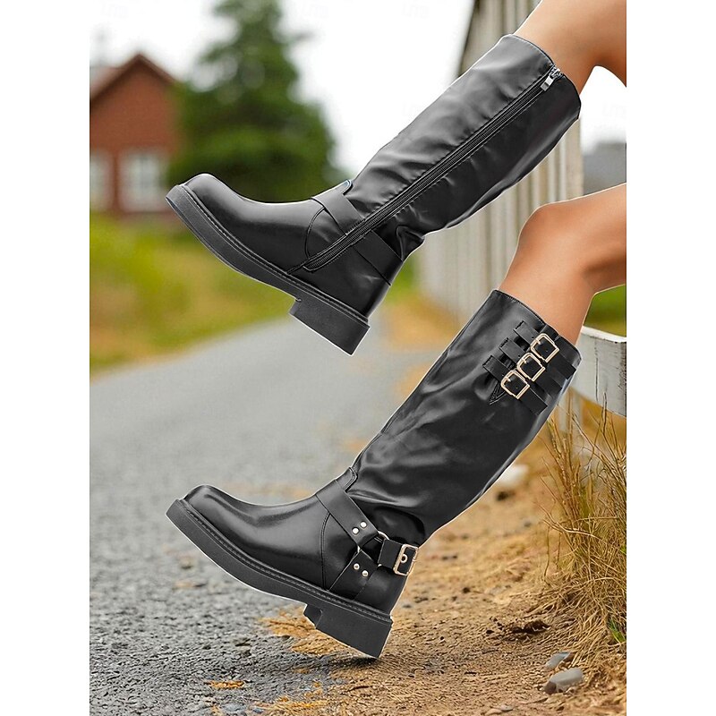 Women's Black Buckle Strap Riding Boots Knee High - Faux Leather Chic Style Boots for Fall Winter Outdoor and Casual Wear3