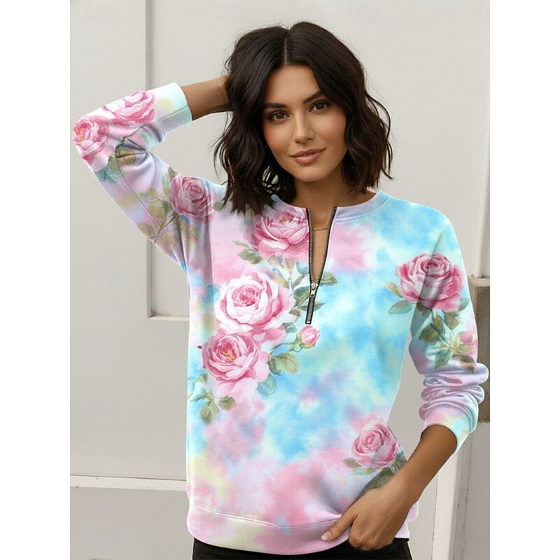Women's Pullover Sweatshirt Zip Up Sweatshirts Floral Fashion Casual Long Sleeve Crew Neck Regular Tops Street Dailywear Casual Zipper Print Blue Spring Fall Winter3