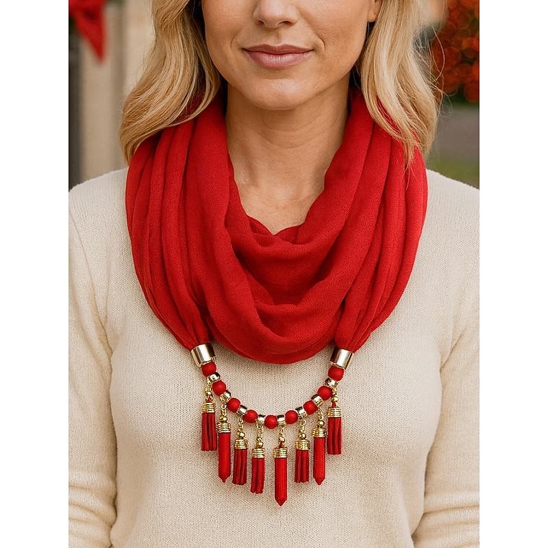 Women's Soft Scarf Necklace with Tassel and Beaded Pendant, Elegant Multi-Color Christmas Accessory for Winter Outfits & Holiday Parties