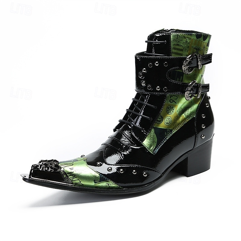 Men's Green Genuine Leather Western Boots with Crocodile Pattern and Buckle Strap, 100% Cowhide Cowboy Ankle Boots for Stage, Parties and Fashion Performances2