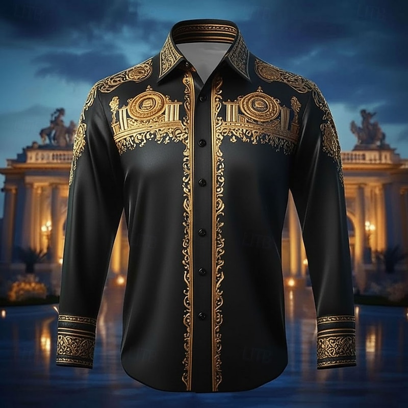 Men's Floral Print Ethnic Shirt Satin Shirt Dress Shirt Long Sleeve Vintage Retro Vacation Dailywear Summer Spring Fall Turndown 3D Print Button Up Shirts Black Wine Dark Blue2