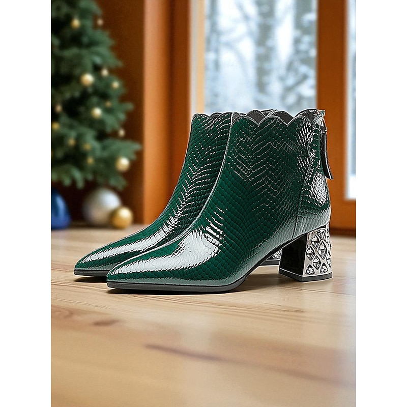 Women's Green Patent Leather Ankle Boots with Snakeskin Texture and Rhinestone Block Heels, Trendy Fashion Boots for Night Out, Parties & Everyday Outfits