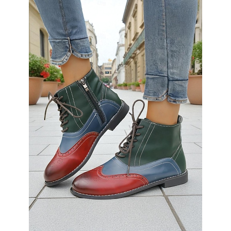 Women's Color Block Oxford Ankle Boots with Lace-Up Design and Side Zipper, 1950s Vintage Brogue Style Casual Fashion Boots for Daily Wear & Street Outfit2