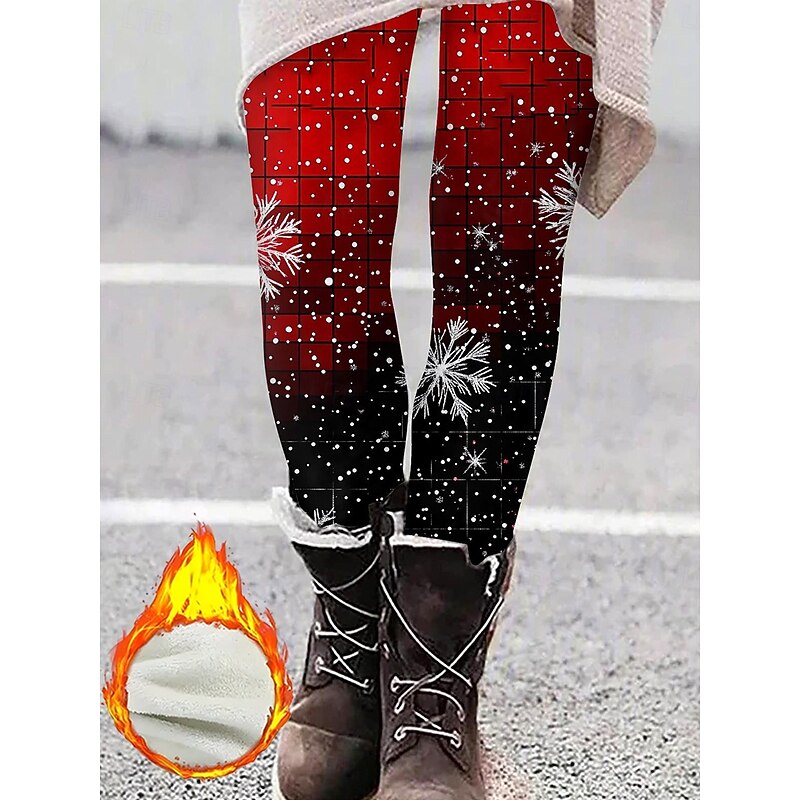 Christmas Women's Leggings Cozy Leggings Vacation Vintage Fashion Full Length High Waist Pants Graphic Snowflake Printing Fleece Thermal Warm Comfy Stretchy Outdoor Casual Daily Winter claret4