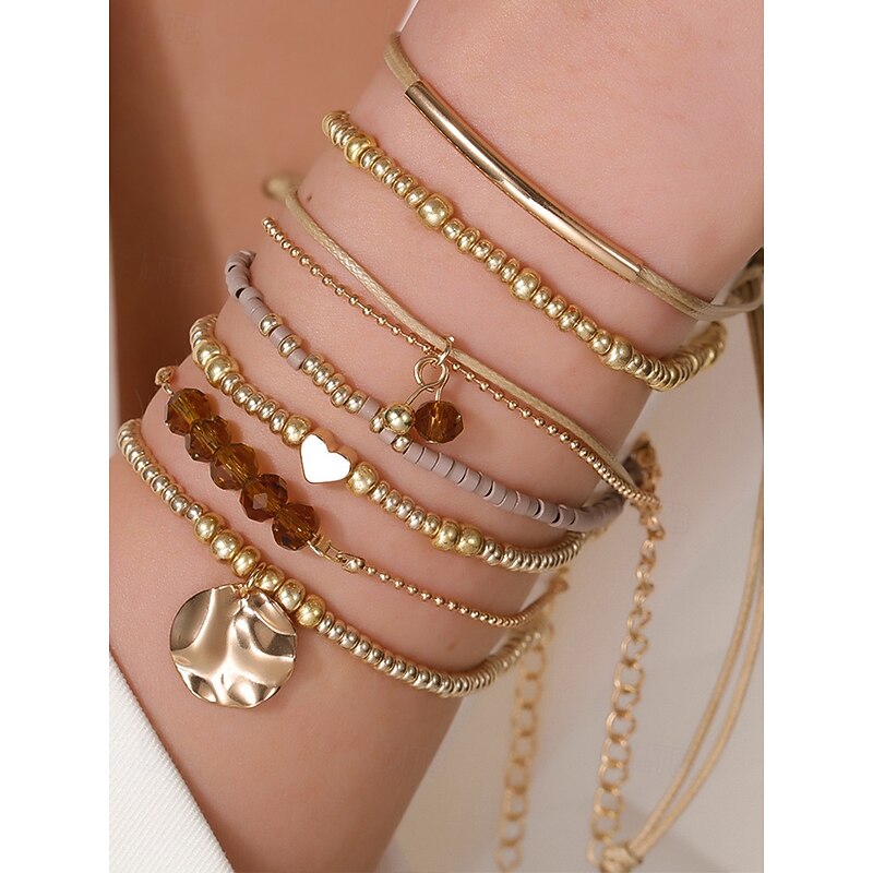 Women's Bohemian Beaded Layered Bracelet Set – Gold and Brown Multi-Strand Bangles with Heart & Charm Accents, Fashion Jewelry for Parties, Festivals and Everyday Wear3