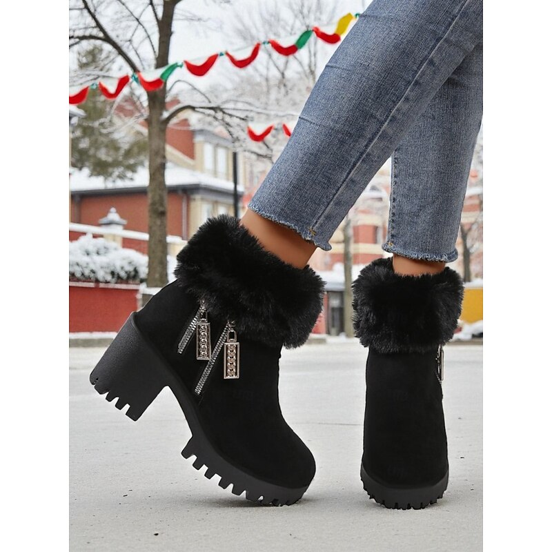 Women's Black Faux Suede Fur-Lined Ankle Boots, Warm Zip-Up Chunky Heel Winter Booties for Snow, Outdoor Wear & Christmas Outfits3