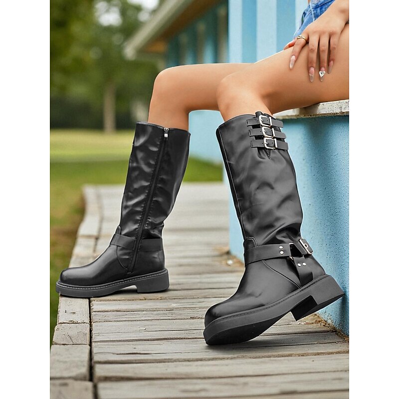 Women's Black Buckle Strap Riding Boots Knee High - Faux Leather Chic Style Boots for Fall Winter Outdoor and Casual Wear4