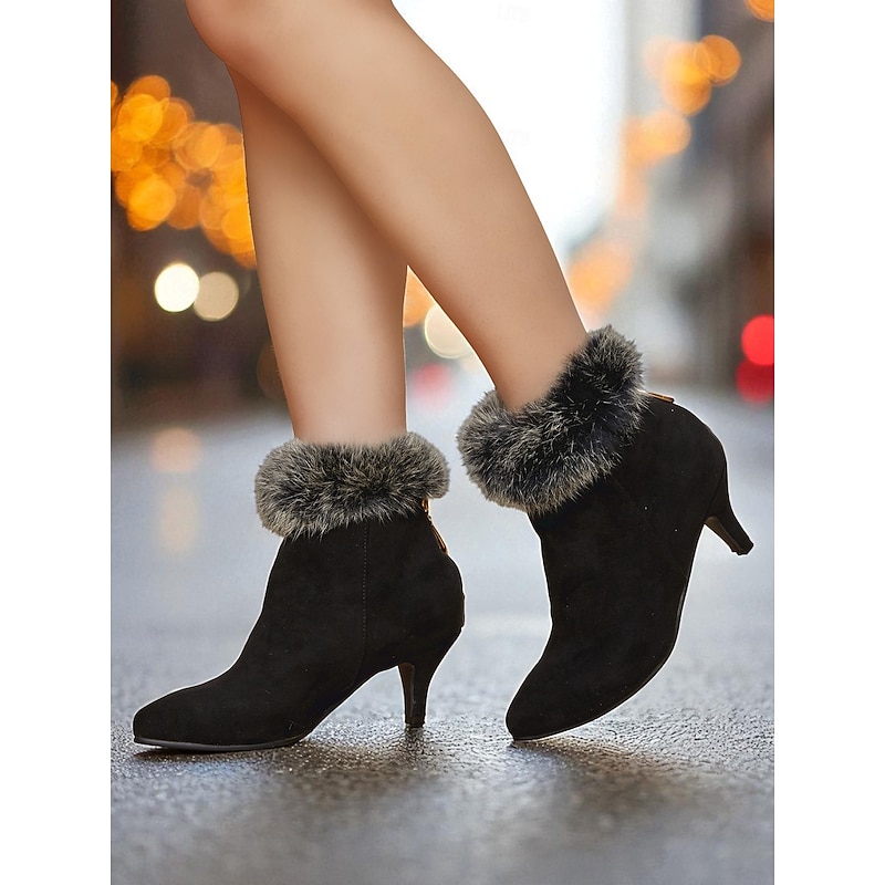 Women's Red Suede Kitten Heel Ankle Boots with Faux Fur Trim – Elegant Winter Fashion Booties for Parties and Night Out
