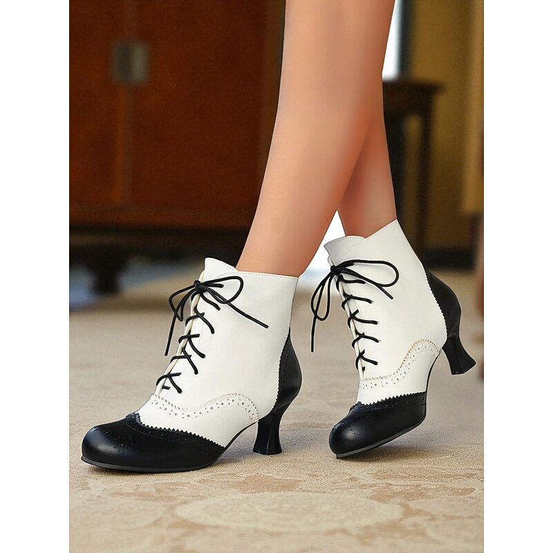 Women's White and Black Victorian Edwardian Style Lace-Up Ankle Boots with Brogue Detailing and Kitten Heel - Vintage Dress Boots for Ladies, Perfect for Cosplay, Steampunk & Historical Reenactments2