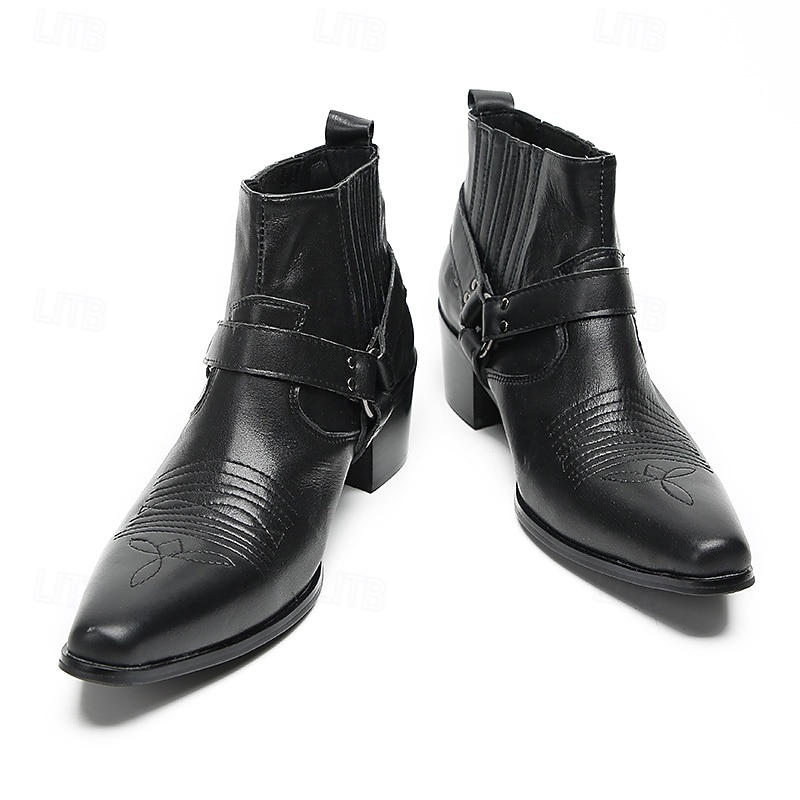 Men's Genuine Leather Black Harness Boots with Pointed Toe and Block Heel, Cowhide Motorcycle Cowboy Boots for Stage, Parties and Rock Style Outfits4