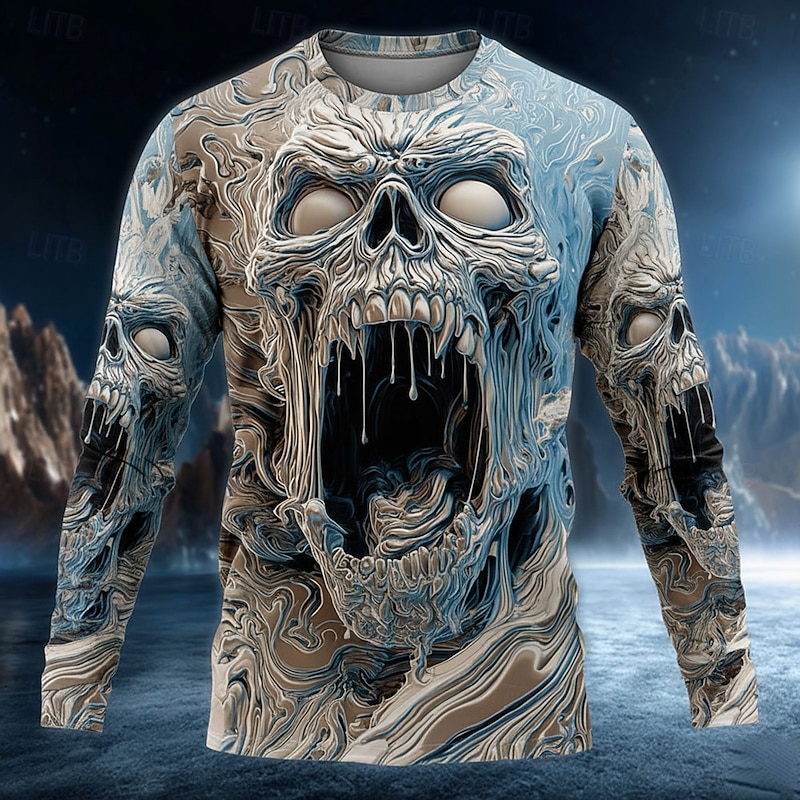 Halloween Men's Skull T Shirt Long Sleeve T shirt 3D Print Crew Neck Shirt Fashion Exaggerated Street Casual Daily Red Blue Purple Summer Spring Fall Clothing Apparel S M L XL XXL XXXL