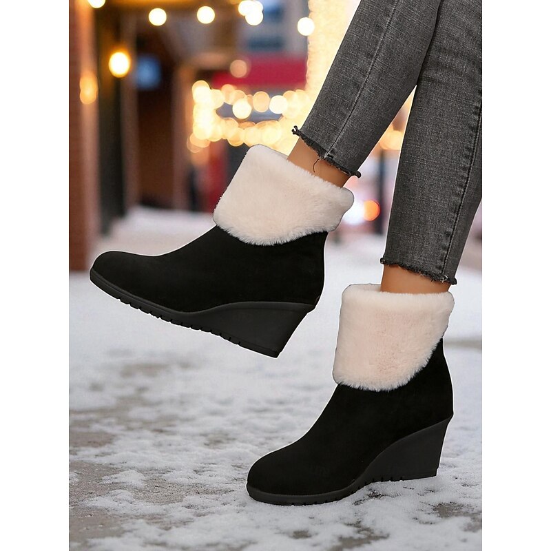 Women's Black Suede Wedge Ankle Boots with Faux Fur Lining - Winter Warm Non-Slip Casual Snow Boots for Outdoor and Daily Wear3