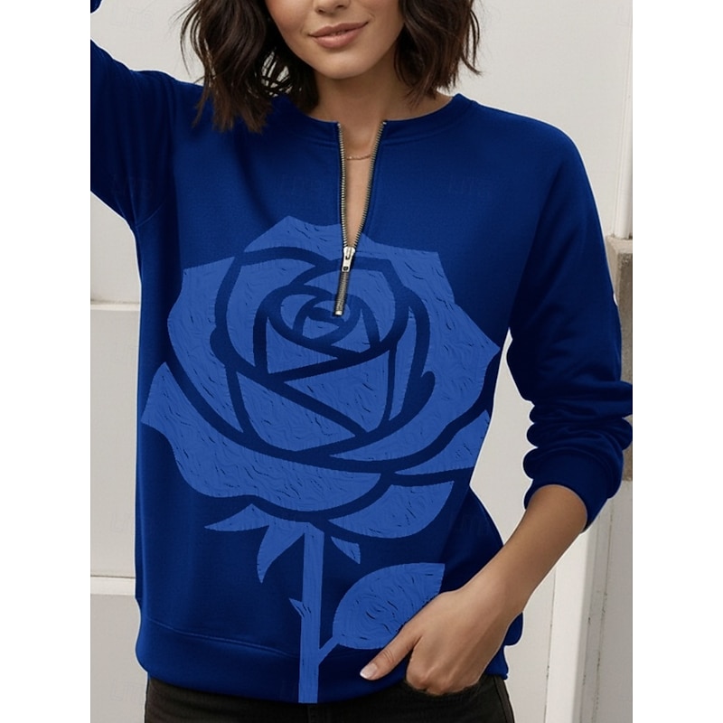 Women's Pullover Sweatshirt Zip Up Sweatshirts Rose Fashion Casual Long Sleeve Crew Neck Regular Tops Street Dailywear Casual Zipper Print Navy Blue Blue Army Green Spring Fall Winter