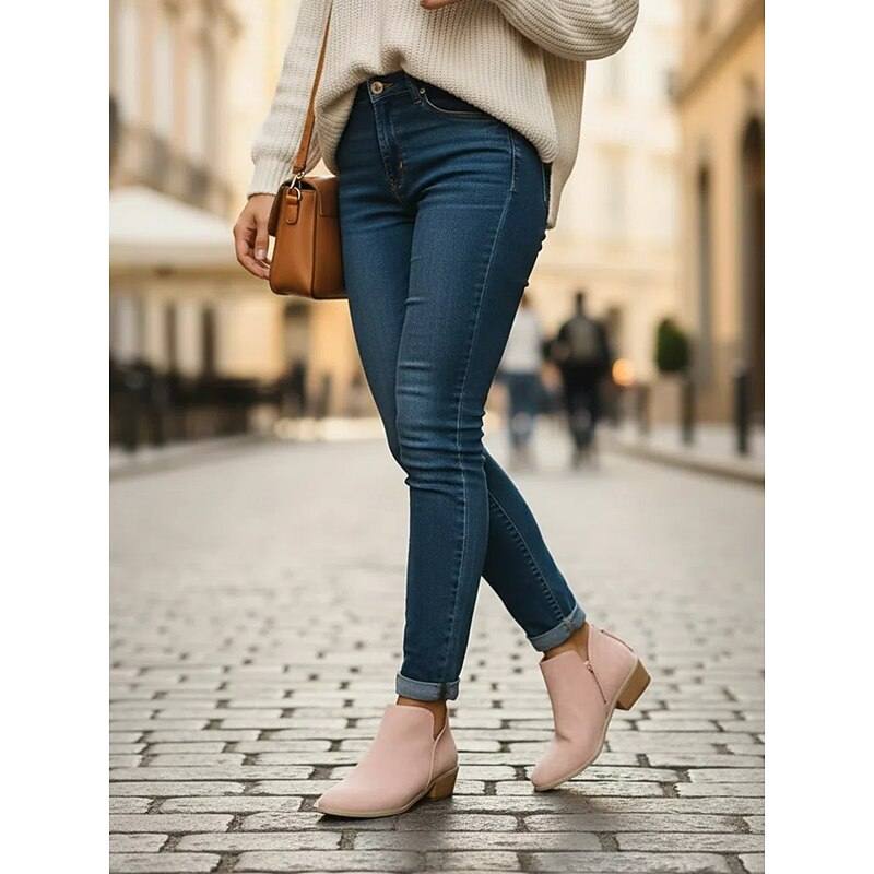 Women's Pink Faux Leather Low Heel Ankle Boots - Western Style Slip-On Booties for Casual and Everyday Wear2