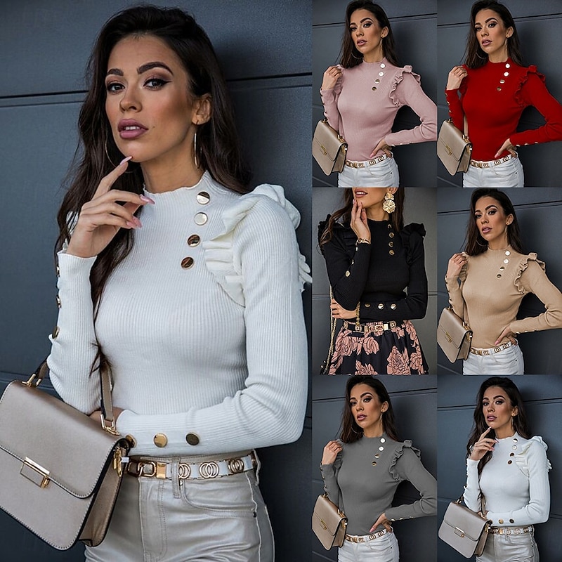 Women's Blouse Solid Color Stylish Casual Long Sleeve Turtleneck Regular Tops Daily Ruffle Buttons Black White Pink Khaki Gray Spring Fall Winter - Main Image