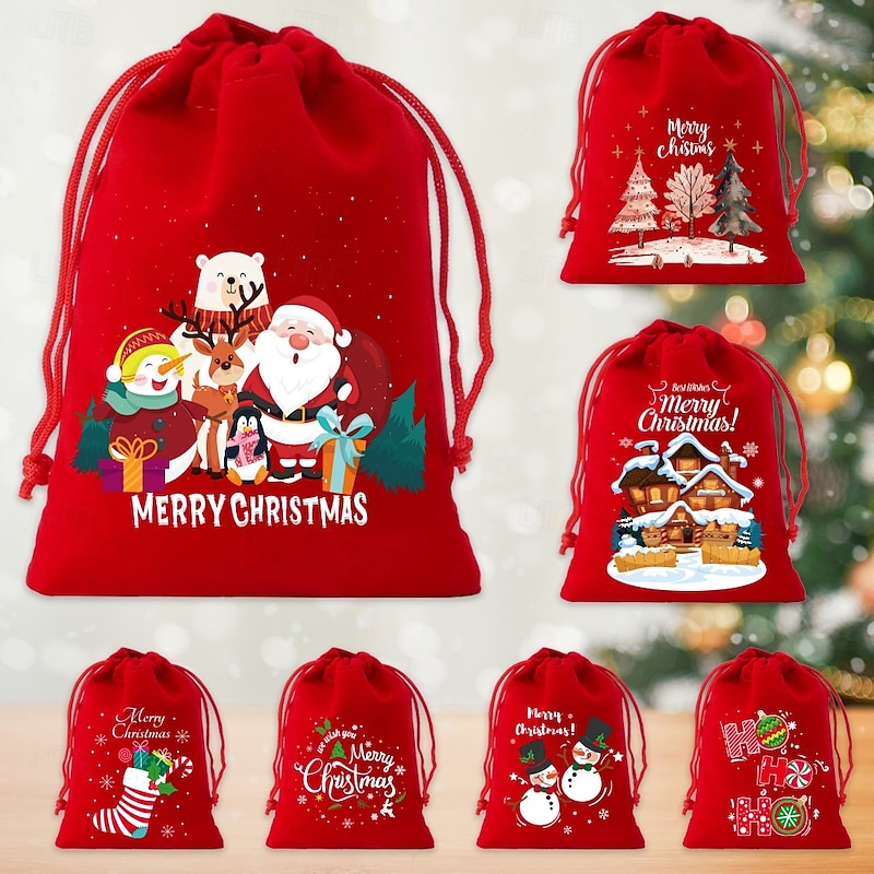 7pcs Large Christmas Drawstring Bags - Santa Claus, Merry Christmas, Red & Green Holiday Party Favors with Drawstring Closure Gift Bags Ideal for Xmas, Halloween, Easter, Thanksgiving Gifts Storage