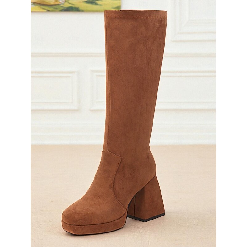 Women's Brown Suede Knee-High Platform Boots, 1980s Retro Block Heel Long Boots for Fall & Winter Outfits, Parties & Street Fashion4