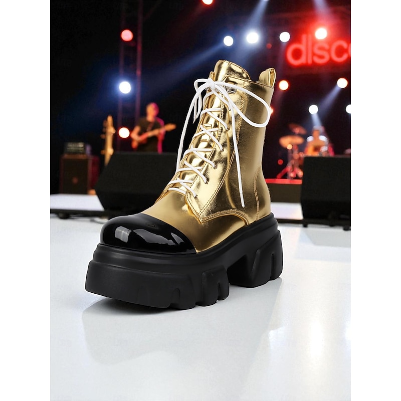 Women's Gold Metallic 1980s Punk Platform Boots with Black Toe, K-Pop Idol Stage Performance Chunky Lace-Up Boots for Concerts, Dance Shows & Streetwear Fashion4
