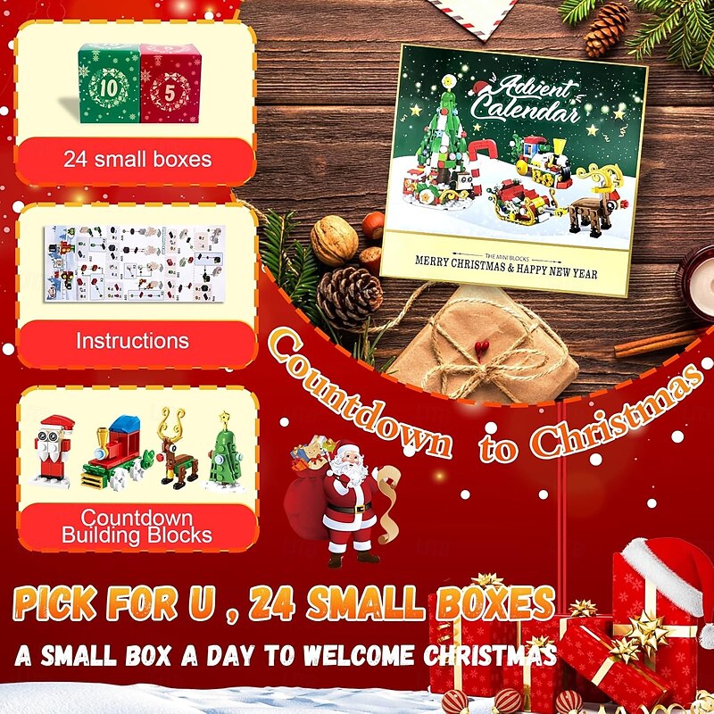 Christmas Advent Calendar Building Blocks for Kids & Adults, 24 Days Countdown Gift Set with 24 Mini Bricks, Includes Christmas Tree, Reindeer, Sleigh and Train, Fun Xmas Holiday Building Toy2