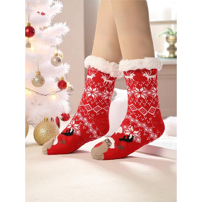 Women's Christmas Fuzzy Knit Socks, Red Reindeer Snowflake Pattern Warm Winter Slipper Socks with Plush Lining for Holiday Gifts & Homewear