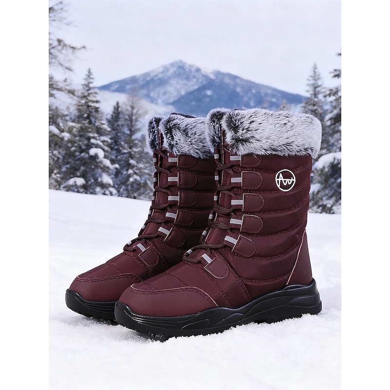 Women's Burgundy Mid-Calf Winter Snow Boots with Faux Fur Trim, Waterproof Insulated Outdoor Boots for Hiking, Skiing & Cold Weather2