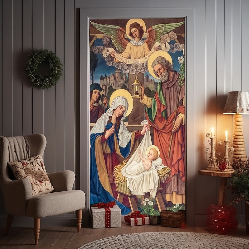 Christmas Door Cover Winter Holiday Decoration Drapes with Nativity Scene Featuring Virgin Mary Saint Joseph Baby Jesus and Angel Messenger Print for Home Entryway Living Room Bedroom Indoor Outdoor