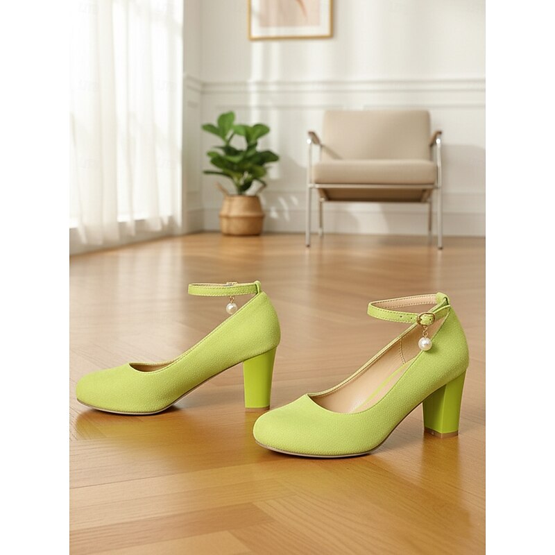 Women's Yellow Suede Block Heel Pumps with Ankle Strap and Pearl Charm - 1950s Elegant Vintage Retro Dress Shoes for Weddings, Cocktail Parties & Evening Wear