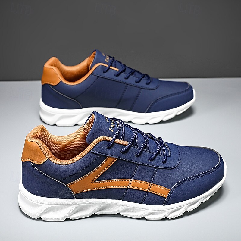 Men's Navy and Brown Casual Sneakers with Contrast Stripes, Comfortable Lightweight Walking Shoes for Travel, Streetwear and Daily Use4