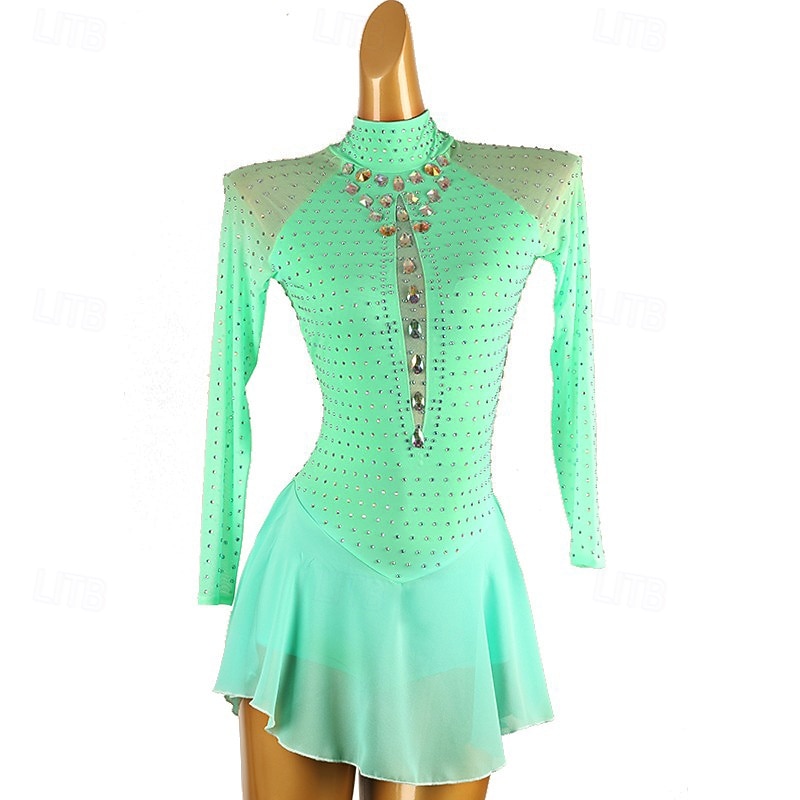 Figure Skating Dress Women's Girls' Ice Skating Dress Green Patchwork Open Back Mesh Spandex High Elasticity Training Practice Professional Skating Wear Classic Crystal / Rhinestone Long Sleeve Ice
