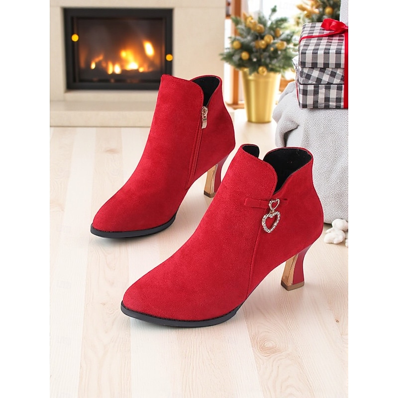 Women's Suede Ankle Boots with Rhinestone Heart Charm and Gold Heels, Elegant Pointed Toe Short Boots for Christmas Parties, Winter Outfits & Date Nights3