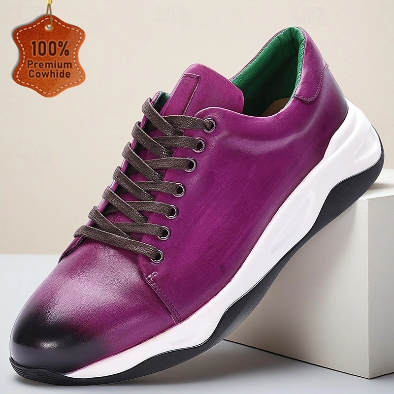 Men's Purple Genuine Leather Lace-Up Sneakers with Cushioned Sole and Sleek Design, Stylish Casual Shoes for Business Casual and Weekend Outfits