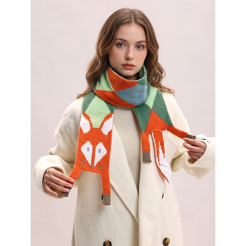 Women's Knitted Fox Scarf, Cute Animal Winter Neck Warmer, Soft Colorful Cartoon Shawl for Casual Wear, Outdoor & Holiday Gifts3
