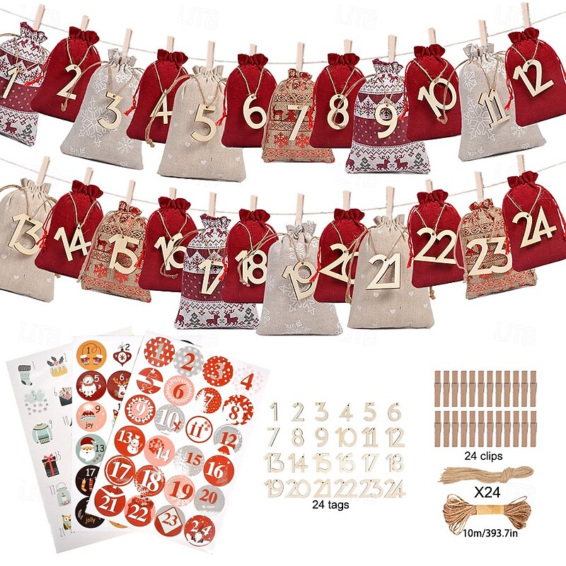 Christmas Advent Calendar Bags 24 Days Countdown Calendar Burlap Bags Drawstring Gift Bags For Adults And Kids DIY Candy Bags, Ideal for Xmas Home Decor Holiday Party Supplies2