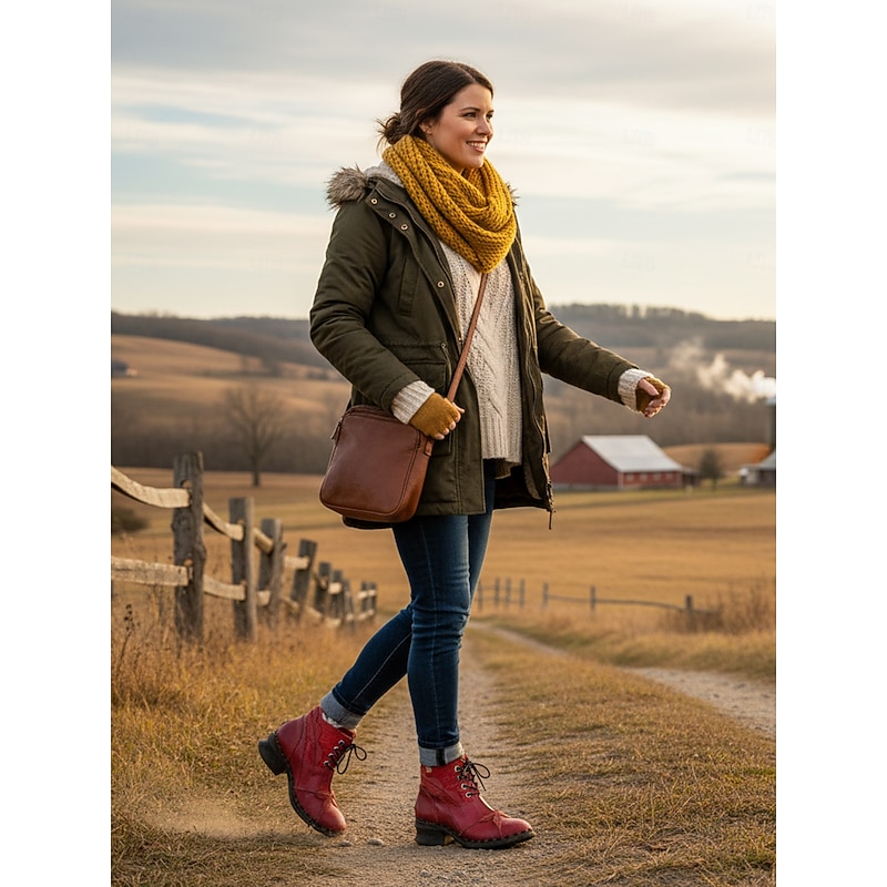 Women's Red Genuine Leather Lace-Up Ankle Boots with Unique Folded Toe Design, Warm Fleece Lining, Retro Casual Boots for Winter Outfits & Outdoor Wear3