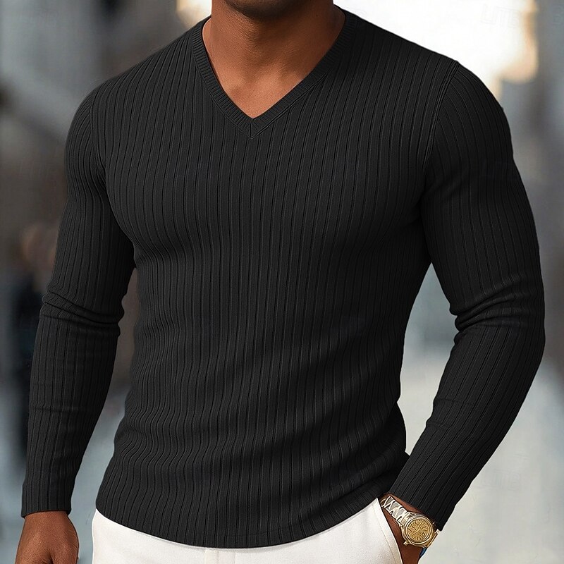 Men's T Shirt Muscle Shirt Ribbed Knit tee Tee Top Long Sleeve V Neck Spring Fall Winter Plain Pit Strip Fashion Designer Basic Knitting Vacation Street Casual Black Blue Purple Top Tee for Men
