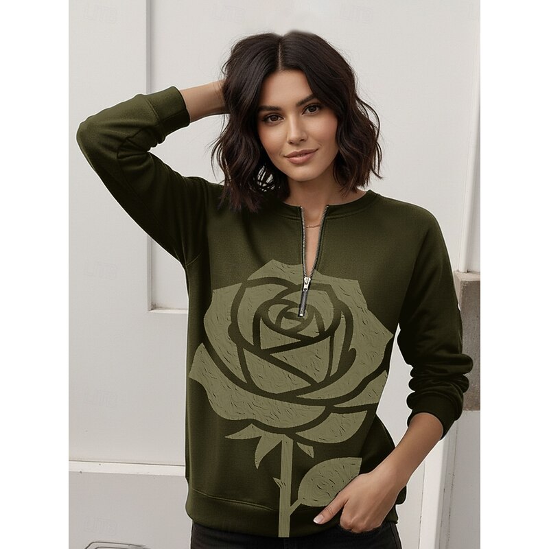 Women's Pullover Sweatshirt Zip Up Sweatshirts Rose Fashion Casual Long Sleeve Crew Neck Regular Tops Street Dailywear Casual Zipper Print Navy Blue Blue Army Green Spring Fall Winter3