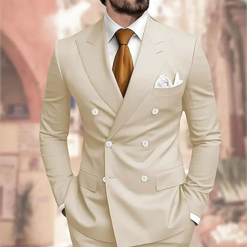 Men's Wedding Party Suits Notch Lapel Beige Party Formal Solid Colored Slim Fit 2 Piece Double Breasted Six-buttons
