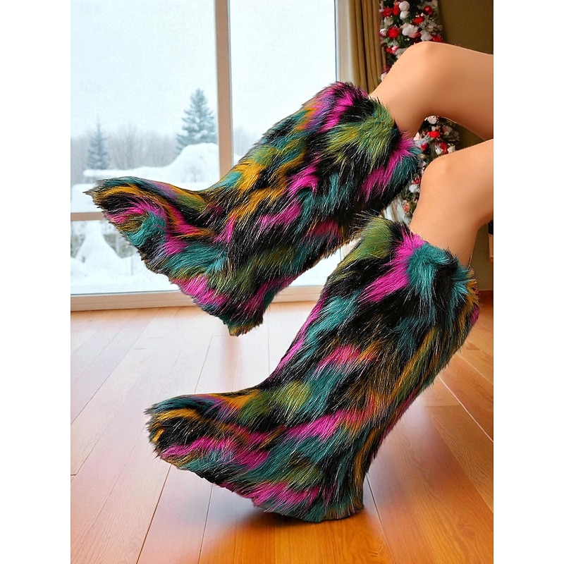 Women's Multicolor Faux Fur Festival Boots, Fluffy Rainbow Knee-High Snow Boots for Rave, Party & Winter Music Festivals